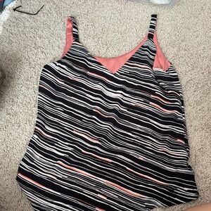 White House Black Market Black, White & Coral Striped V-Neck Cami (two side)